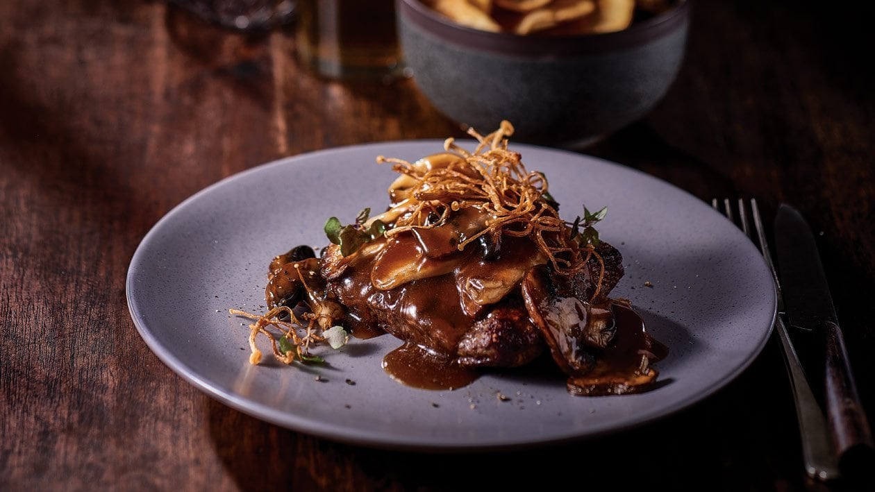 Flat Iron Steak with Truffle & Triple Mushroom Sauce – Recipe