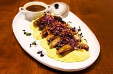 British Bangers, Hot English Mash and Crisp Onion