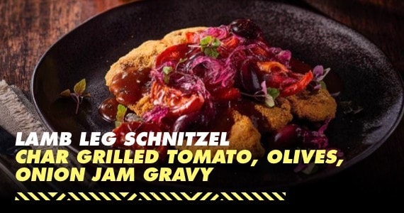 Lamb Leg Schnitzel Char Grilled Tomato, Olives, Onion Jam Gravy
