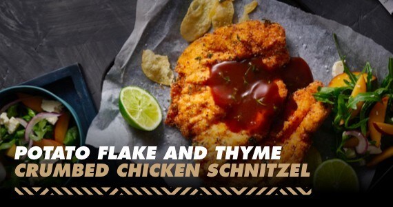 Potato Flake and Thyme Crumbed Chicken Schnitzel