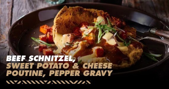 Beef Schnitzel, Sweet Potato & Cheese Poutine, Pepper Gravy