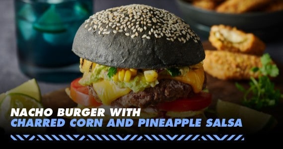 Nacho Burger with Charred Corn and Pineapple Salsa