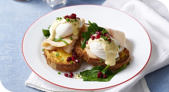 Turkey and Pomegranate Eggs Benedict Turkey and Pomegranate Eggs Benedict