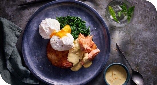 Eggs Benedict with Rosti, Hot Smoked Salmon, Saffron Hollandaise Eggs Benedict with Rosti, Hot Smoked Salmon, Saffron Hollandaise