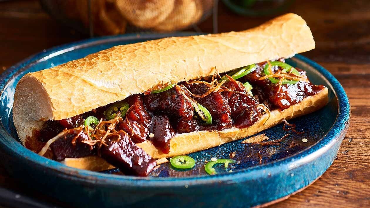 Burnt Ends Rib Hoagie, Whisky Maple BBQ Sauce – Recipe