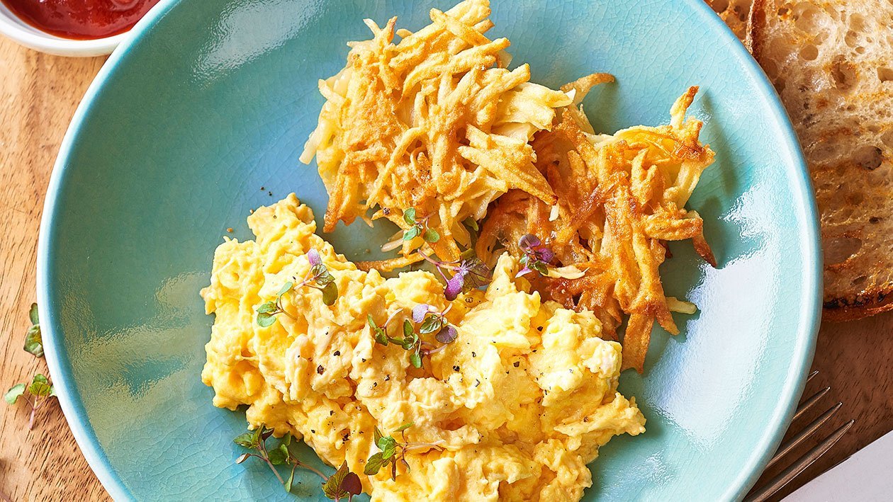 Rustic Hash Brown, Scrambled Eggs and Tomato Chilli Relish – Recipe