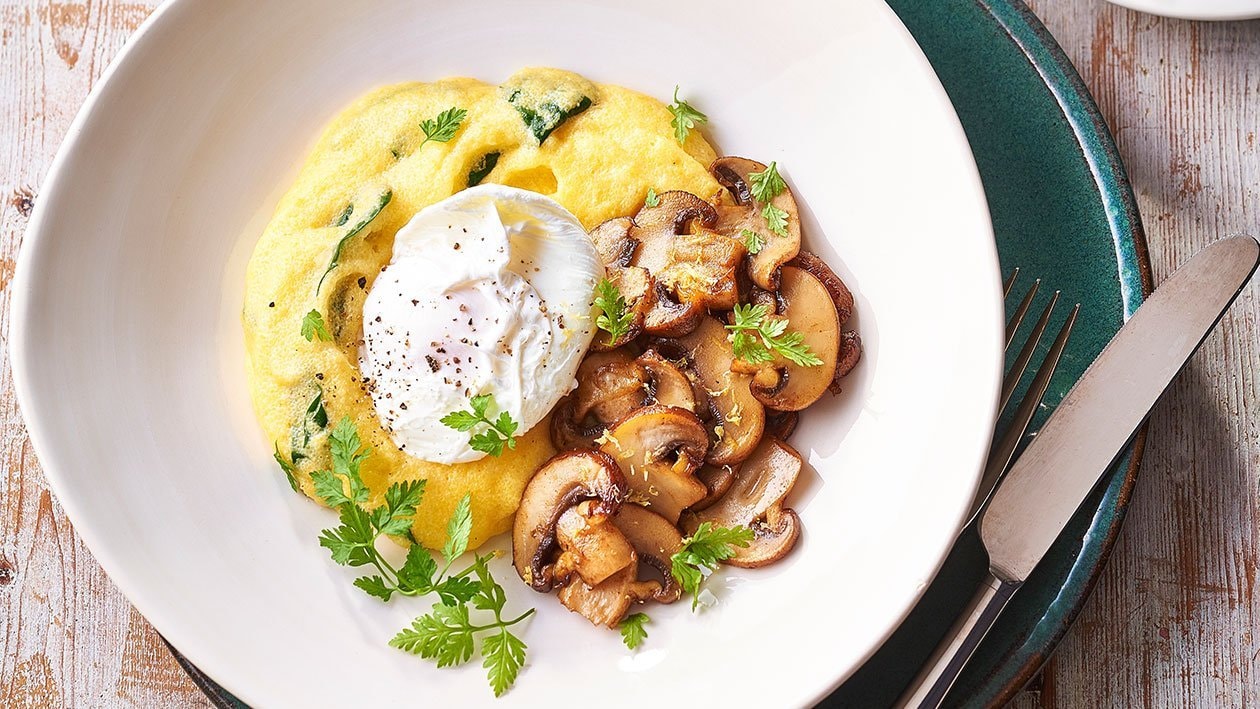 Spinach and Hollandaise Polenta, Fried Mushrooms, Poached Egg – Recipe