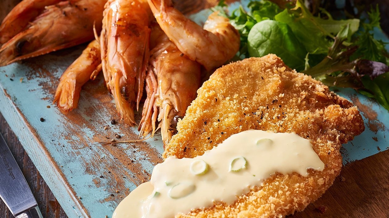 Chicken Schnitzel, Jumbo Prawns, Garlic Sauce – Recipe