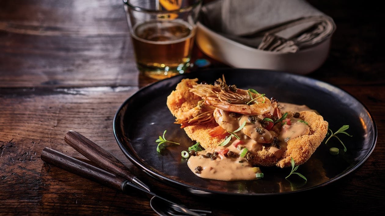 Chicken Schnitzel with Prawns, Capers and Creamy Garlic Gravy – Recipe