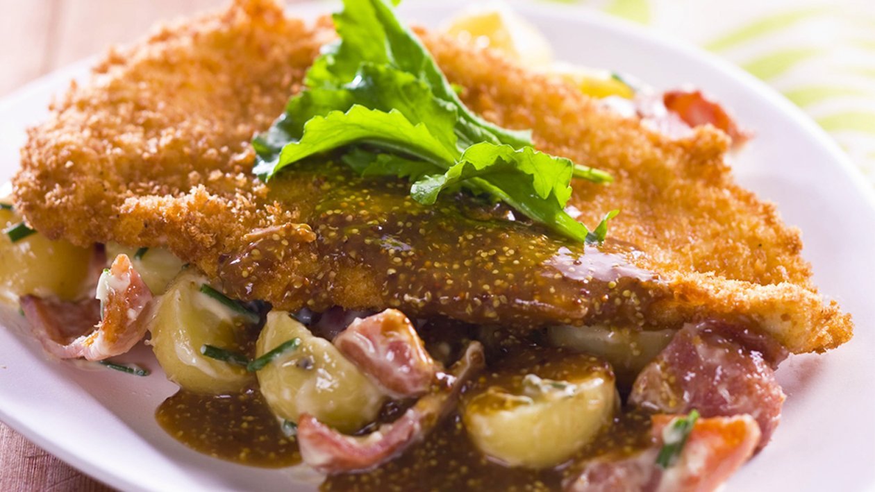 Crispy Chicken Schnitzel with potato & bacon salad – Recipe Crispy Chicken Schnitzel with potato & bacon salad – Recipe
