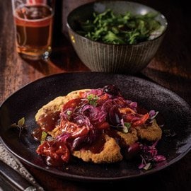 Lamb Leg Schnitzel, Char Grilled Tomato, Olives, Onion Jam Gravy Lamb Leg Schnitzel, Char Grilled Tomato, Olives, Onion Jam Gravy