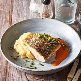 Crispy Skin Barramundi with Mash and Red Curry Beurre Blanc Crispy Skin Barramundi with Mash and Red Curry Beurre Blanc
