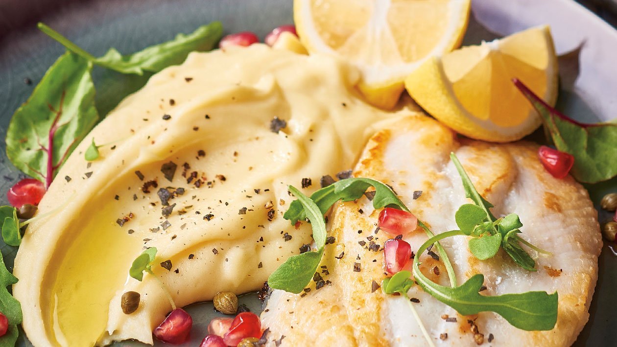 Pan Seared Fish with Potato Aioli, Pomegranate and Capers – Recipe