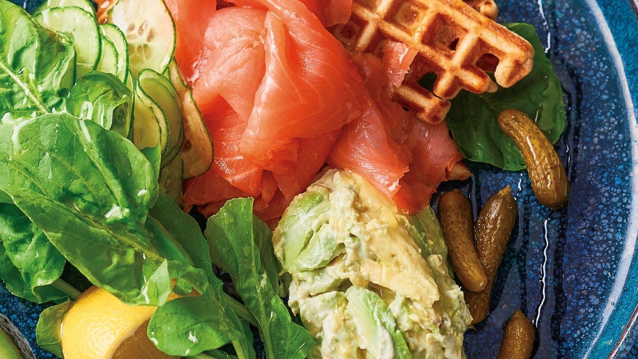 Potato Buckwheat Waffles, Smoked Salmon, Smashed Avo, Cucumber Salad – Recipe