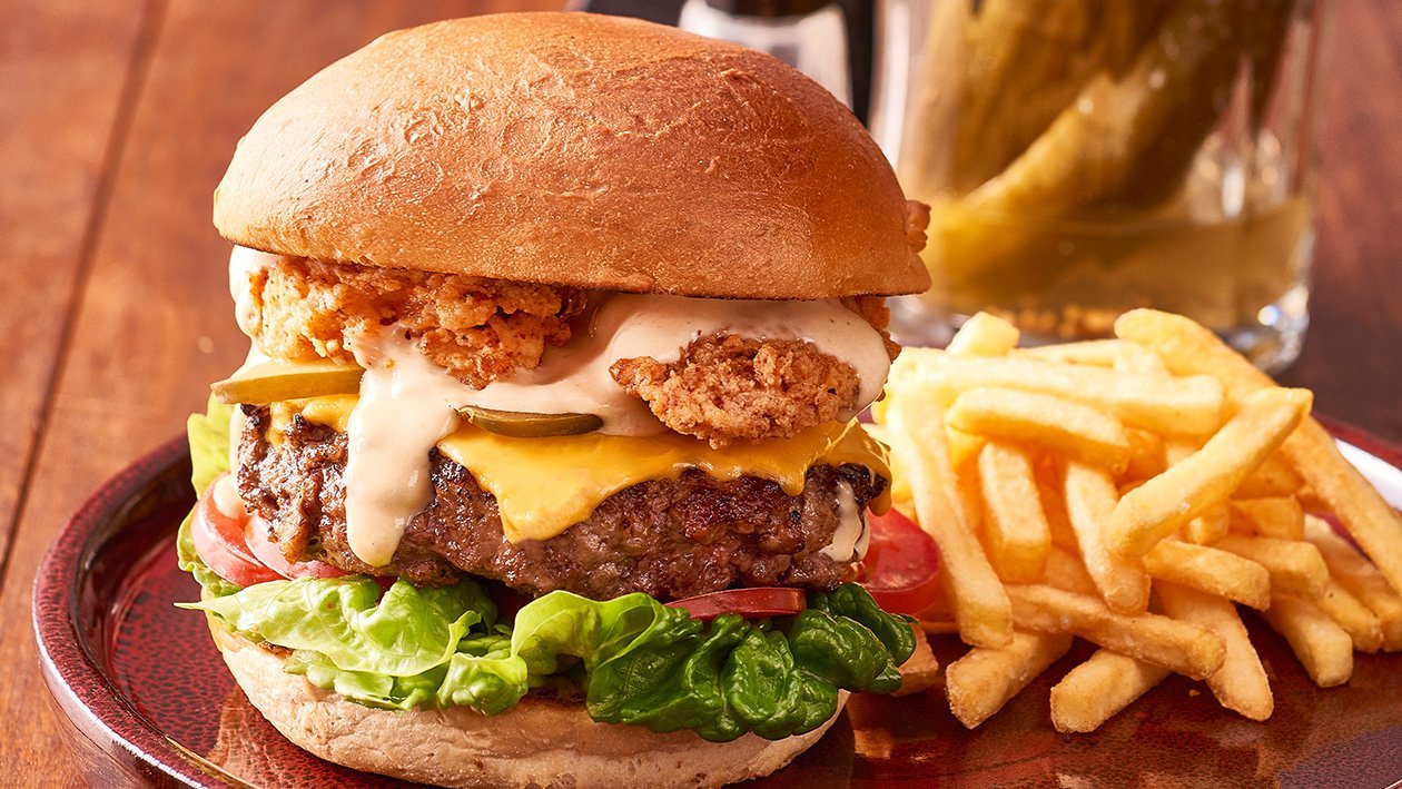 Beef Burger with Deep Fried Bacon and Thousand Island Dressing – Recipe