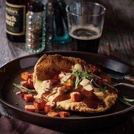 Beef Schnitzel, Sweet Potato Cheese Poutine, Pepper Gravy Beef Schnitzel, Sweet Potato Cheese Poutine, Pepper Gravy