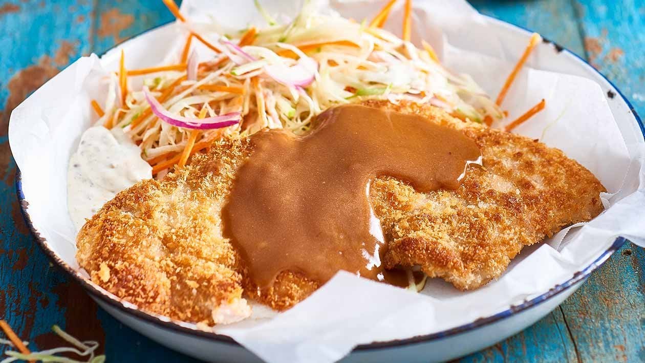 Crumbed Pork Schnitzel, Mustard Slaw, Apple Mustard Gravy – Recipe