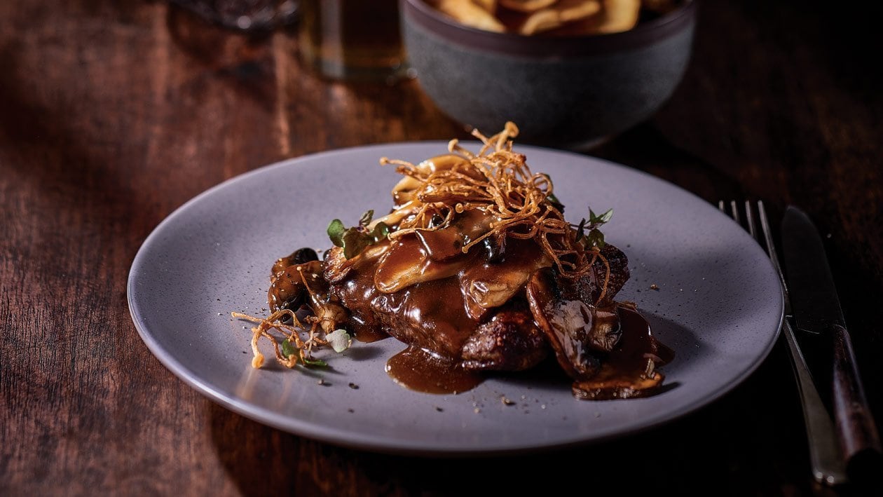 Flat Iron Steak with Truffle and Triple Mushroom Sauce – Recipe