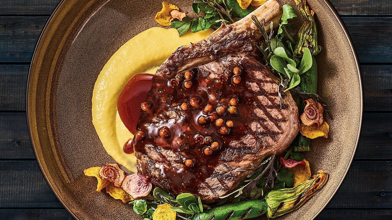 OP Rib Steak, Rocket Fuel Pepper Sauce, Corn Puree – Recipe