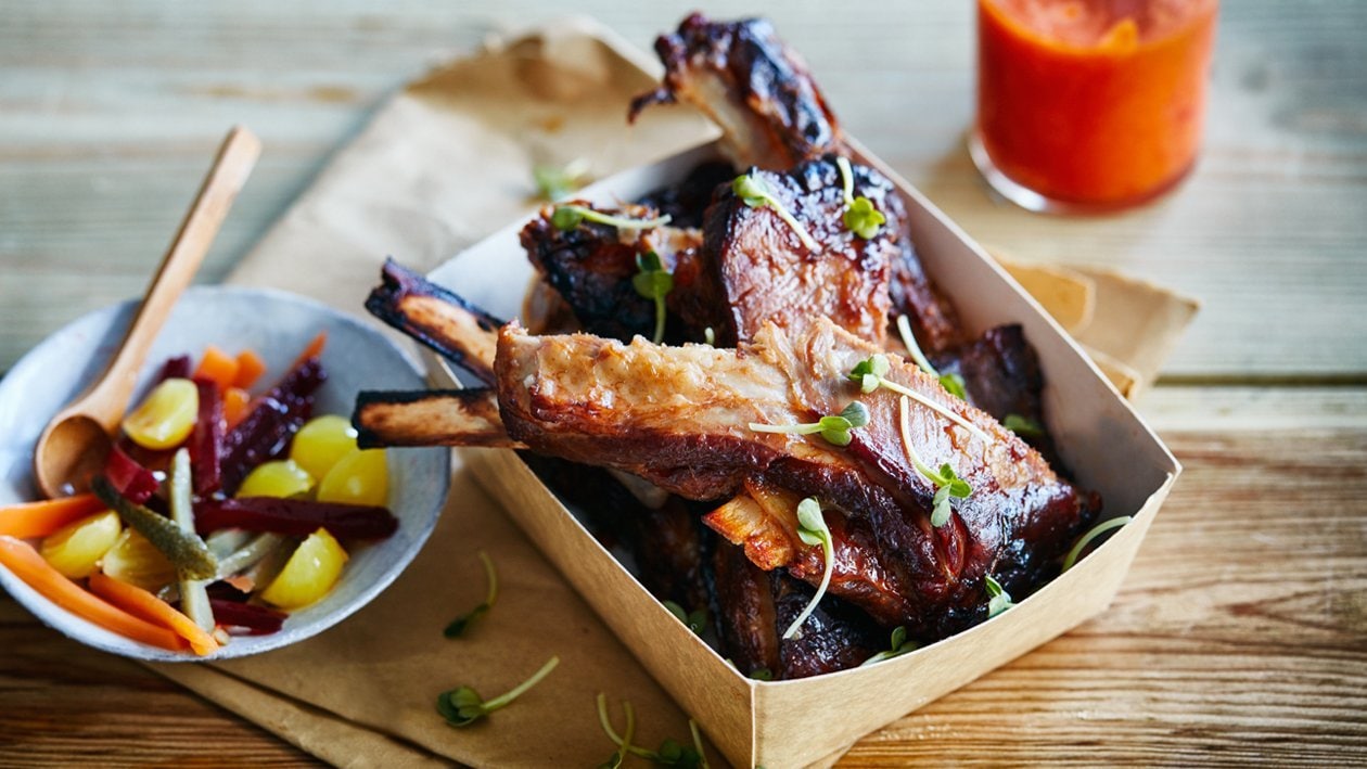 Lamb Spare Ribs, capsicum dressing, sweet & sour vegetables – Recipe