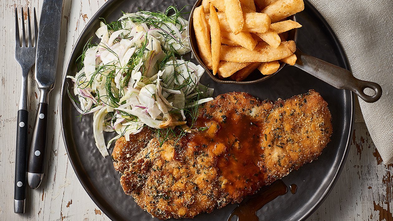 Pork Schnitzel, Coriander Crumb & Wasabi Jus – Recipe
