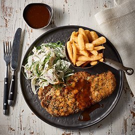Pork Schnitzel, Coriander Crumb & Wasabi Jus Pork Schnitzel, Coriander Crumb & Wasabi Jus