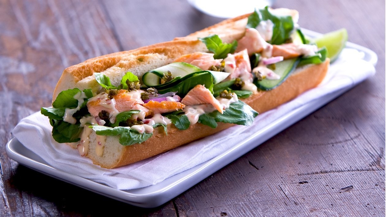 Baguette with Roasted Salmon and Lime Chilli Mayonnaise – Recipe