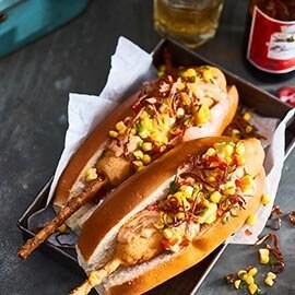 Chipotle Corn Dawgs, Salsa and Tobacco Onions Chipotle Corn Dawgs, Salsa and Tobacco Onions