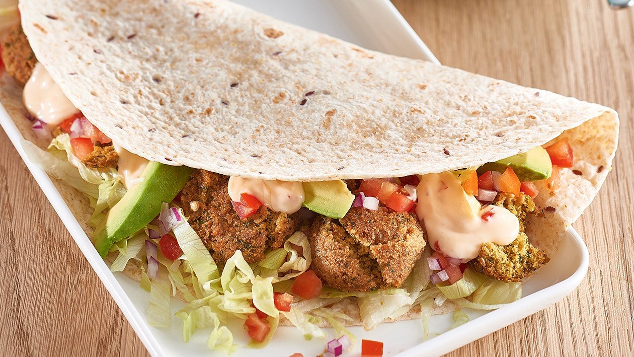 Falafel and Avocado Wrap with Lettuce and Sweet Chilli Mayo – Recipe