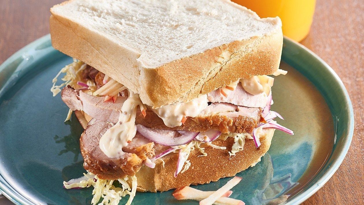 Roast Pork Door Stop with Apple Slaw and Mustard Mayo – Recipe