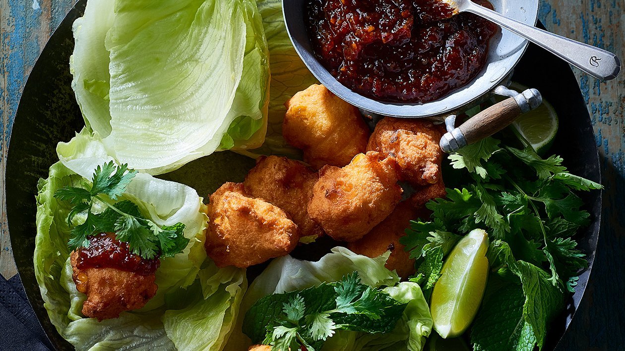 Corn Fritter Chilli Jam Choy Bow – Recipe