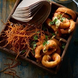 Hush Puppy Onion Rings, Smoked Maple Carrot Tahini Hush Puppy Onion Rings, Smoked Maple Carrot Tahini