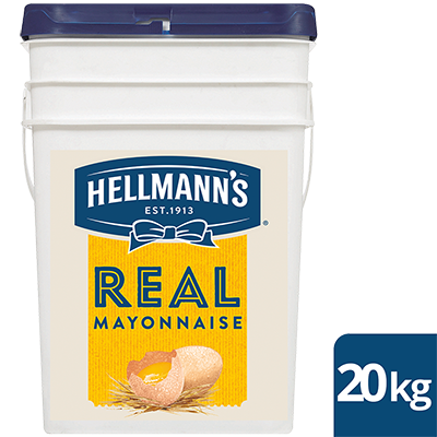 HELLMANN'S Real Mayonnaise Gluten Free 20kg - HELLMANN'S Real uses traditional ingredients for a scratch-made taste. It's made with 100% free-range egg yolks & has no artificial colours or flavours.