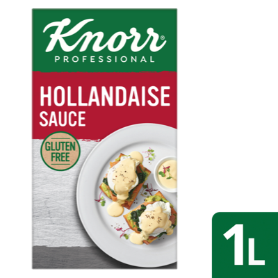 KNORR Hollandaise Gluten Free Sauce 1 L - Made with 100% cage free eggs for close-to-scratch taste. This versatile sauce can be used as a pour over sauce, as a dip, or as a base for delicious flavour mash-ups.