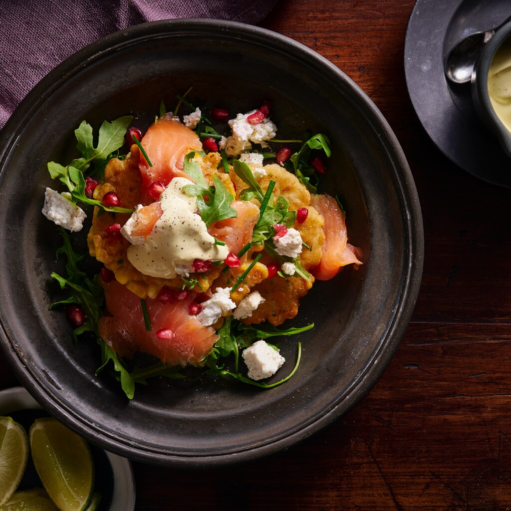Corn Fritters with Smoked Salmon, Ricotta and Lime Hollandaise Corn Fritters with Smoked Salmon, Ricotta and Lime Hollandaise