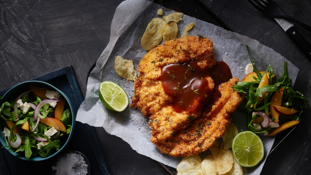 Potato Flake and Thyme Crumbed Chicken Schnitzel – Recipe