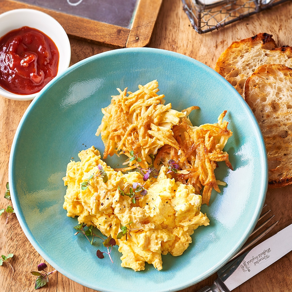 Rustic Hash Brown, Scrambled Eggs and Tomato Chilli Relish Rustic Hash Brown, Scrambled Eggs and Tomato Chilli Relish