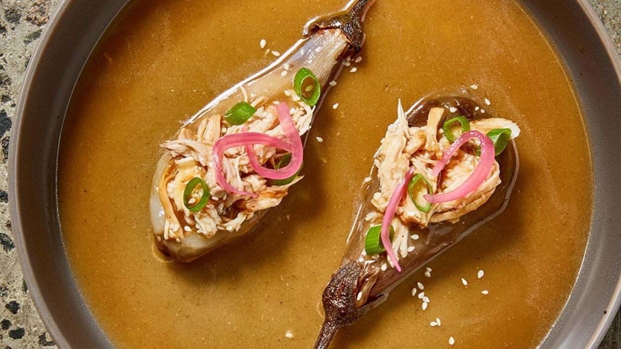 Grilled Eggplant Stuffed with Chicken Escabeche, Miso and Sherry – Recipe