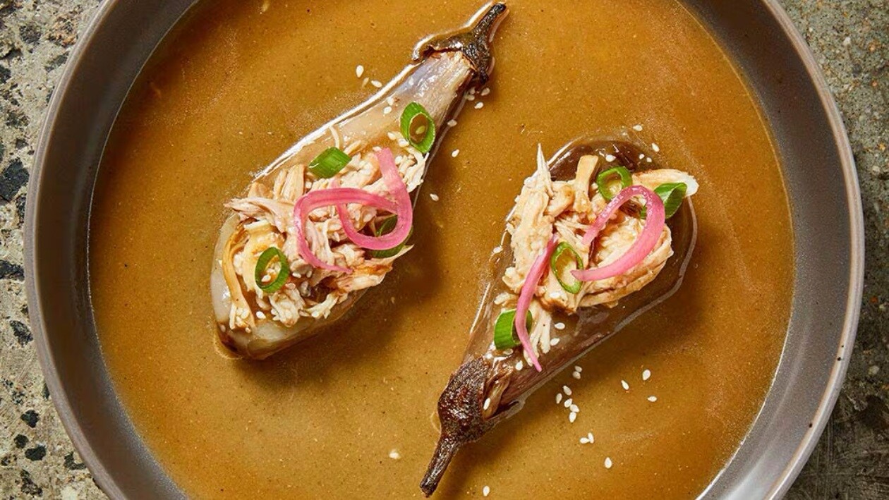 Grilled Eggplant Stuffed with Chicken Escabeche, Miso and Sherry – Recipe