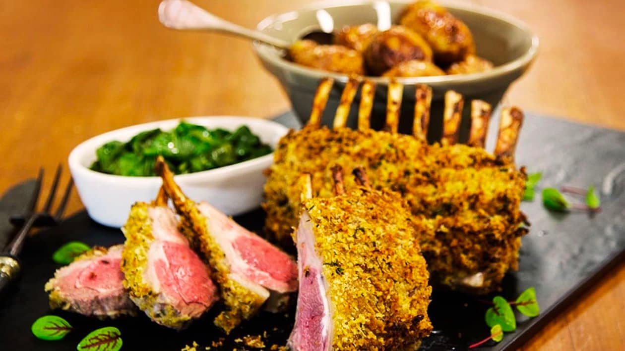 Dijon Crusted Lamb Rack with Roasted Potatoes and Wilted Spinach – Recipe