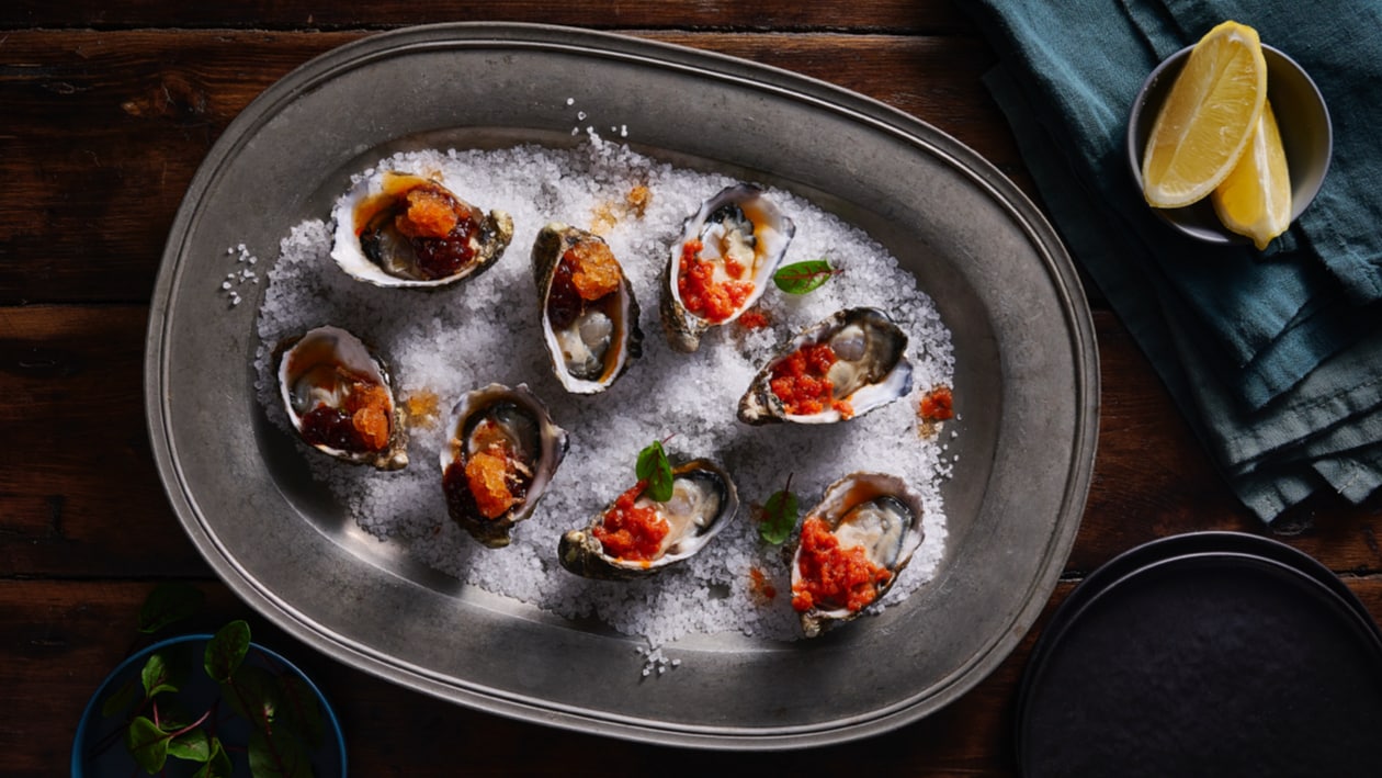 Oysters with Twin Toppings: Lime Chili Jam and Smoky Granitas – Recipe