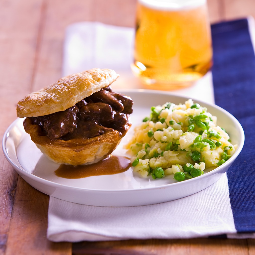Beef Bourguignon Pies with Pea and Potato Crush