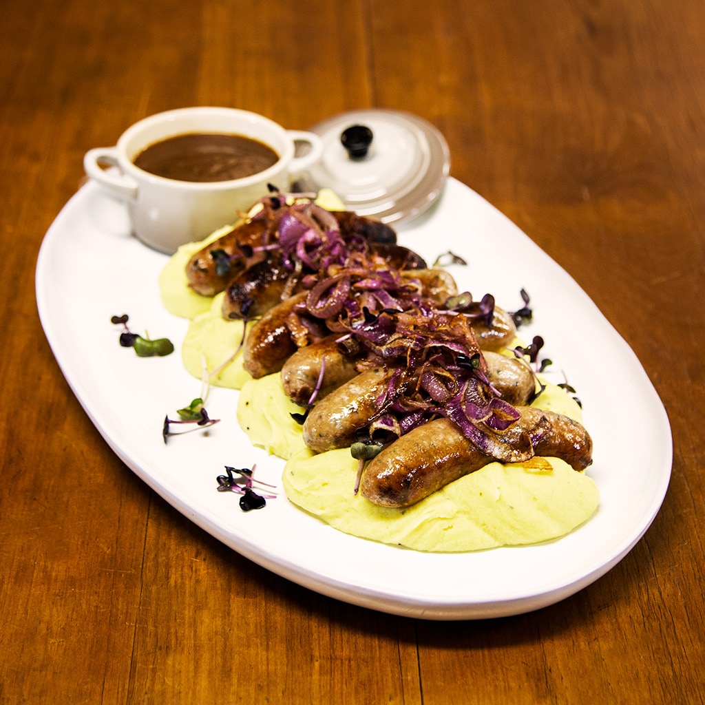 British Bangers, Hot English Mash and Crisp Onion British Bangers, Hot English Mash and Crisp Onion
