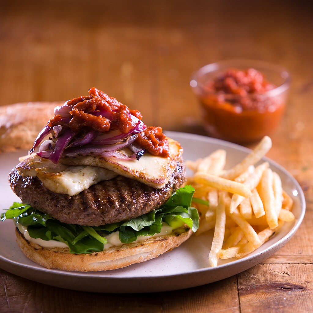 Char Grilled Lamb Burger, Grilled Haloumi, Tomato Chilli Relish Char Grilled Lamb Burger, Grilled Haloumi, Tomato Chilli Relish