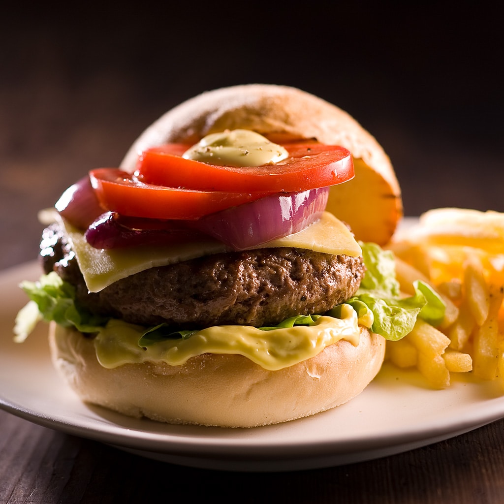 Double Cheese BBQ Beef Burger with French Fries Double Cheese BBQ Beef Burger with French Fries