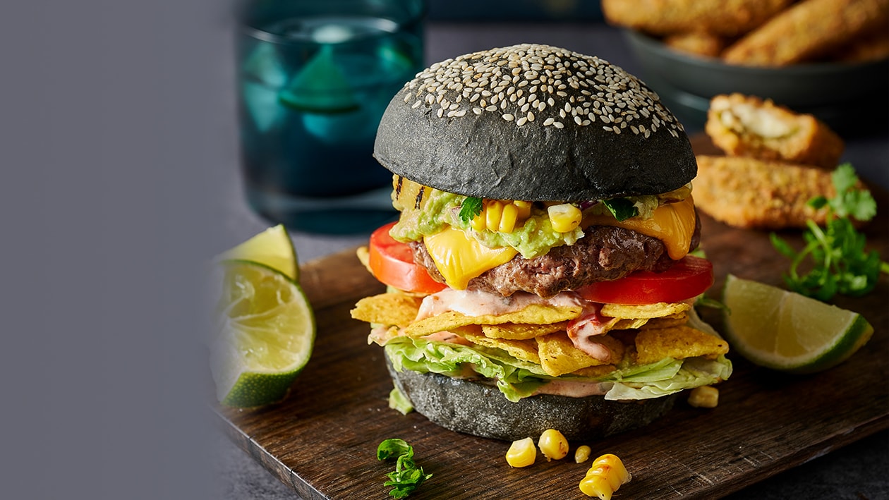 Nacho Burger with Charred Corn and Pineapple Salsa – Recipe