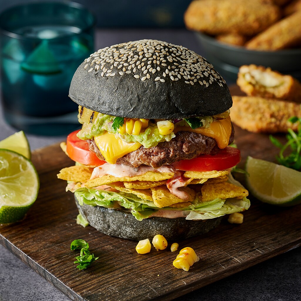 Nacho Burger with Charred Corn and Pineapple Salsa Nacho Burger with Charred Corn and Pineapple Salsa