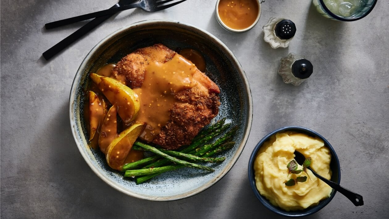 Pork schnitzel with garam masala crumb and curried gravy with pear – Recipe