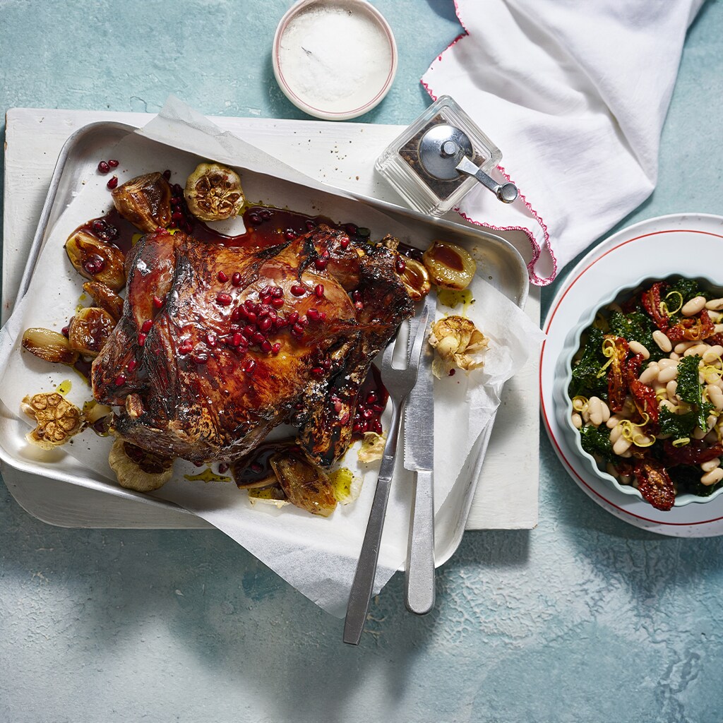 Roast Lamb with Pomegranate Glaze, Cannellini and Spinach Salad Roast Lamb with Pomegranate Glaze, Cannellini and Spinach Salad