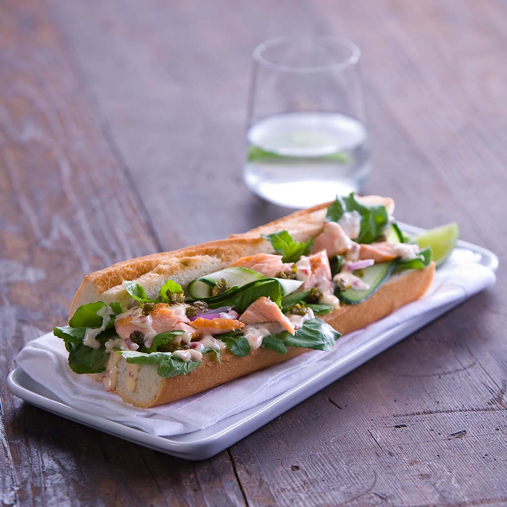 Baguette with Roasted Salmon and Lime Chilli Mayonnaise Baguette with Roasted Salmon and Lime Chilli Mayonnaise